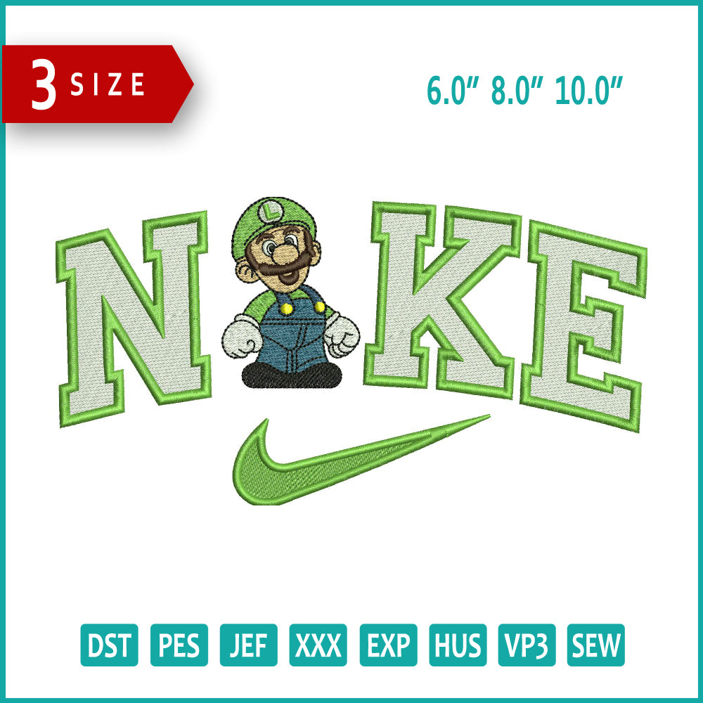 Archivos de diseño de bordado Nike Luigi Super Mario - 3 tamaños