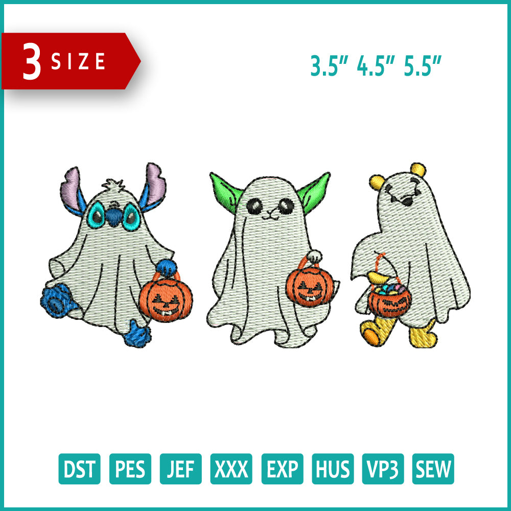 Stitch Yoda & Pooh Ghost Embroidery Files - 3 Size's