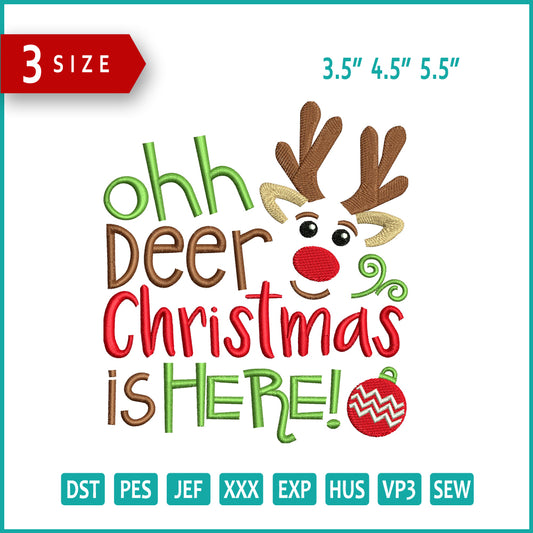 Archivos de diseño de bordado "Oh Deer Christmas Is Here" (3 tamaños)