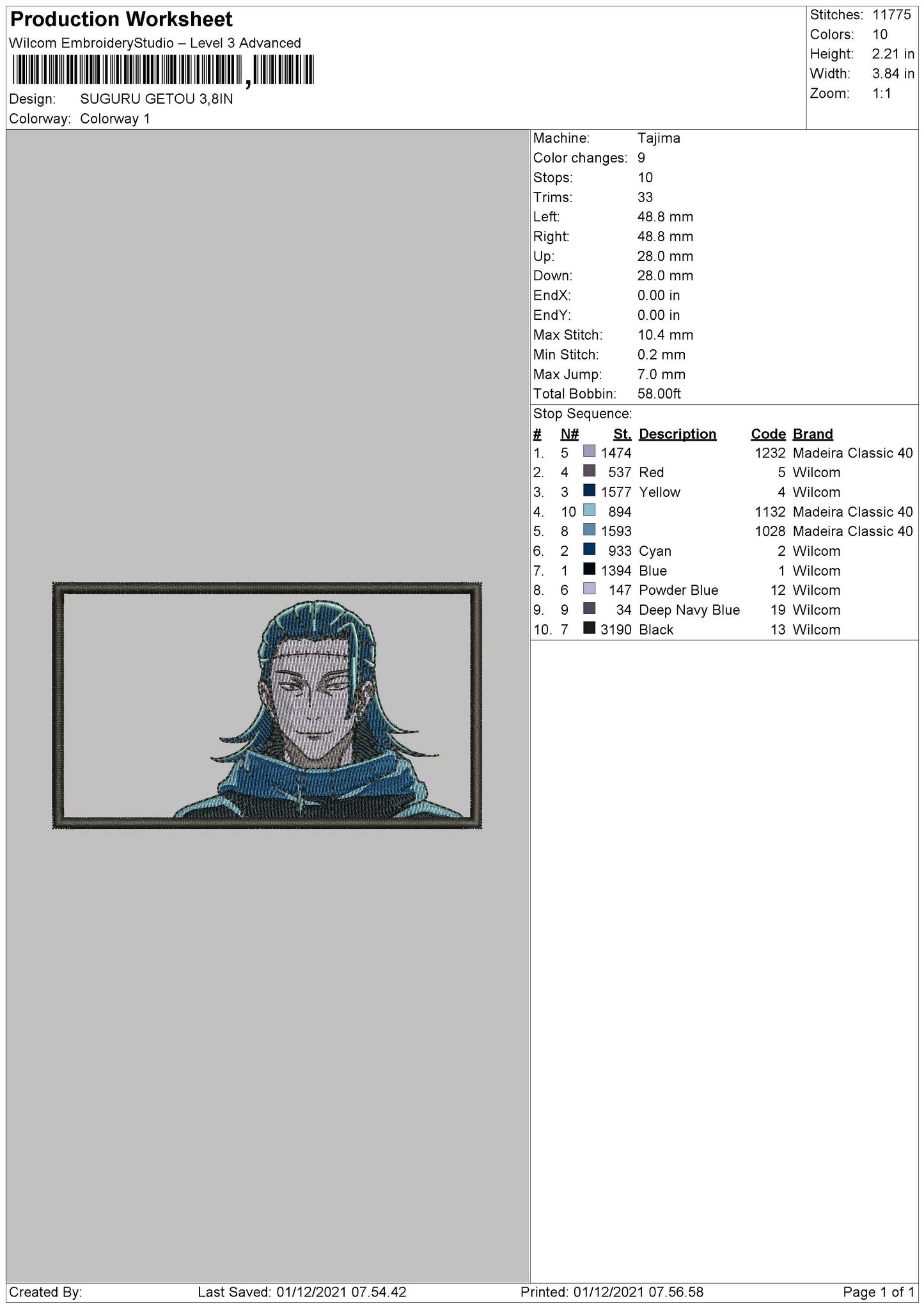Suguru Getou Embroidery Design Files - 4 Size's