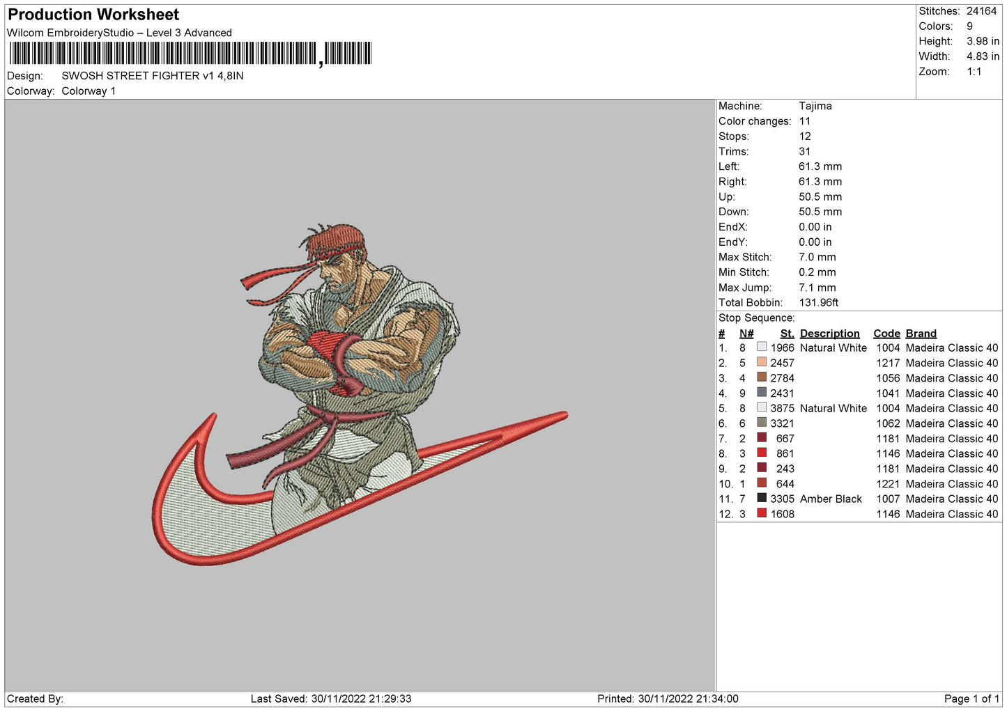 Ryu Street Fighter Swoosh Embroidery Design Files - 5 Size's