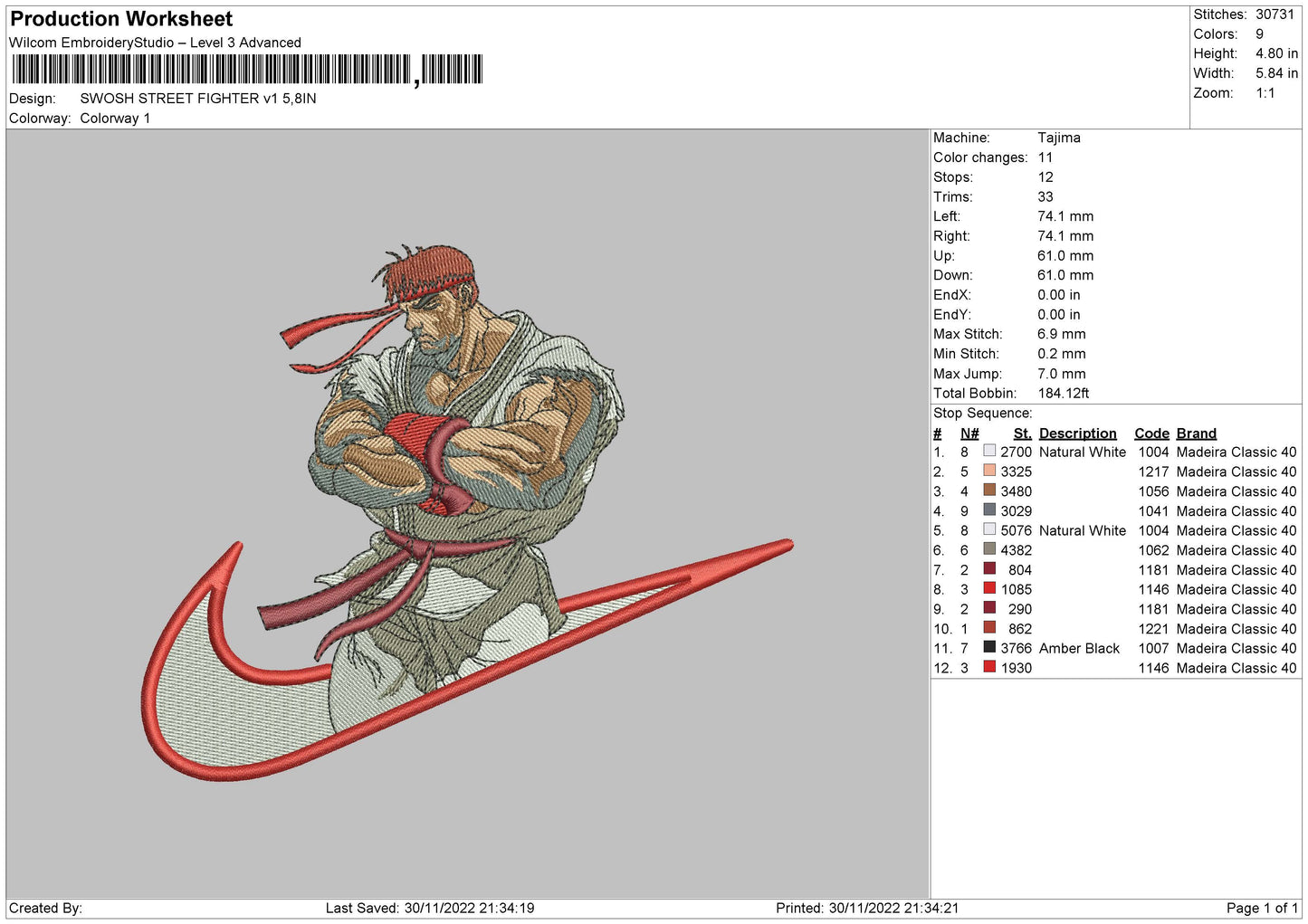 Ryu Street Fighter Swoosh Embroidery Design Files - 5 Size's