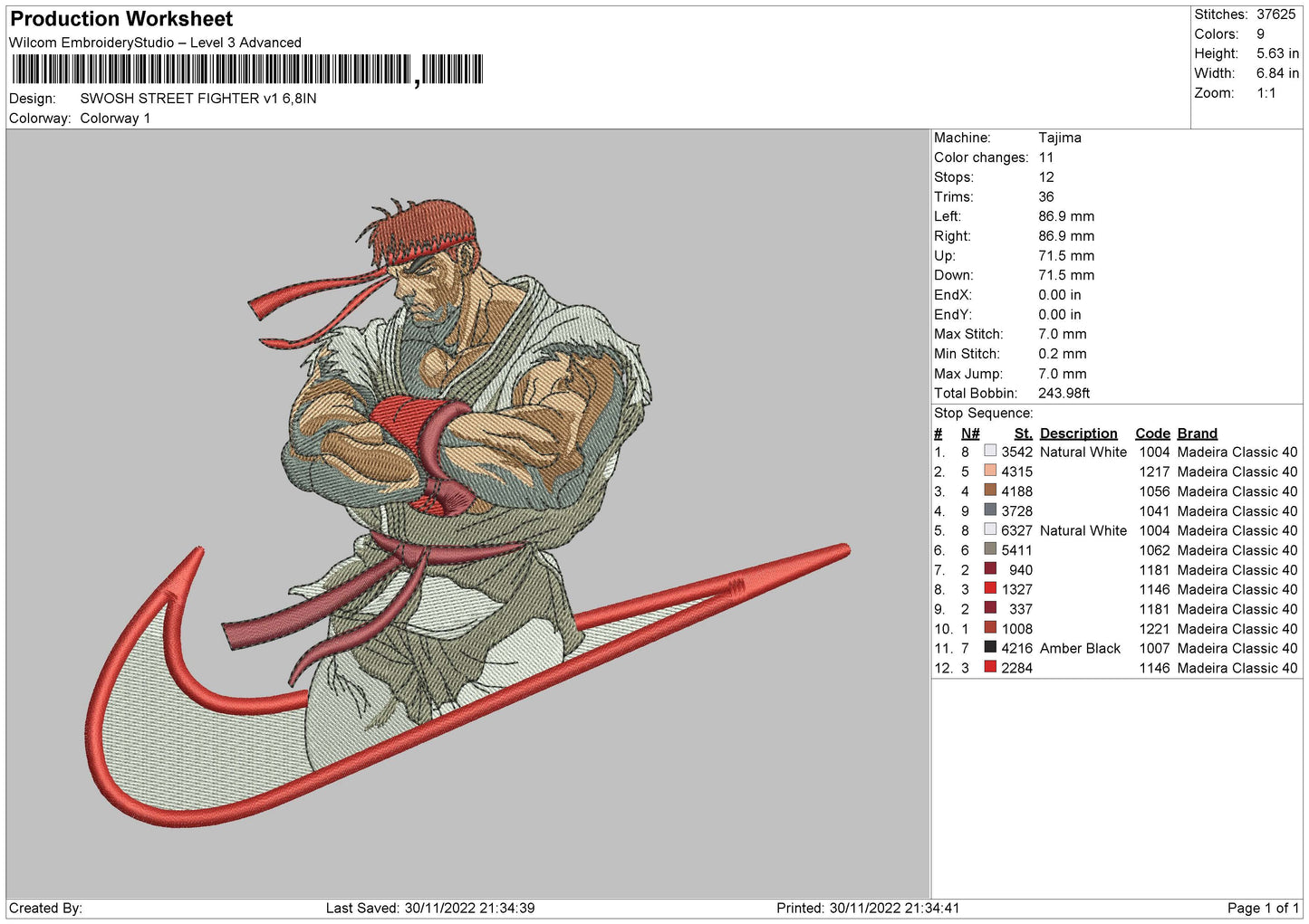 Ryu Street Fighter Swoosh Embroidery Design Files - 5 Size's