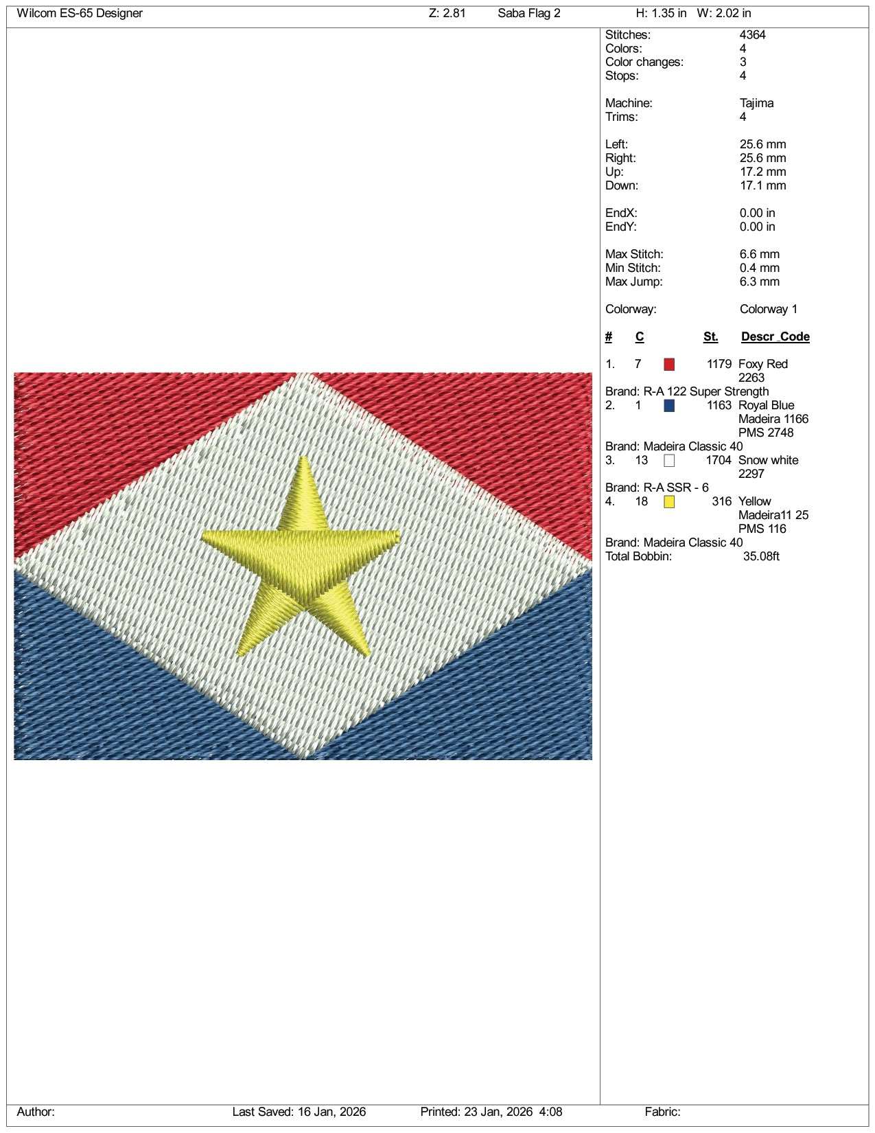 Flag of Saba Embroidery Design Files - 3 Size's
