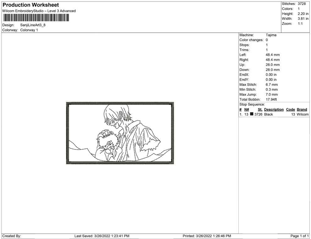 Sanji Line Art Embroidery Design Files - 4 Size's