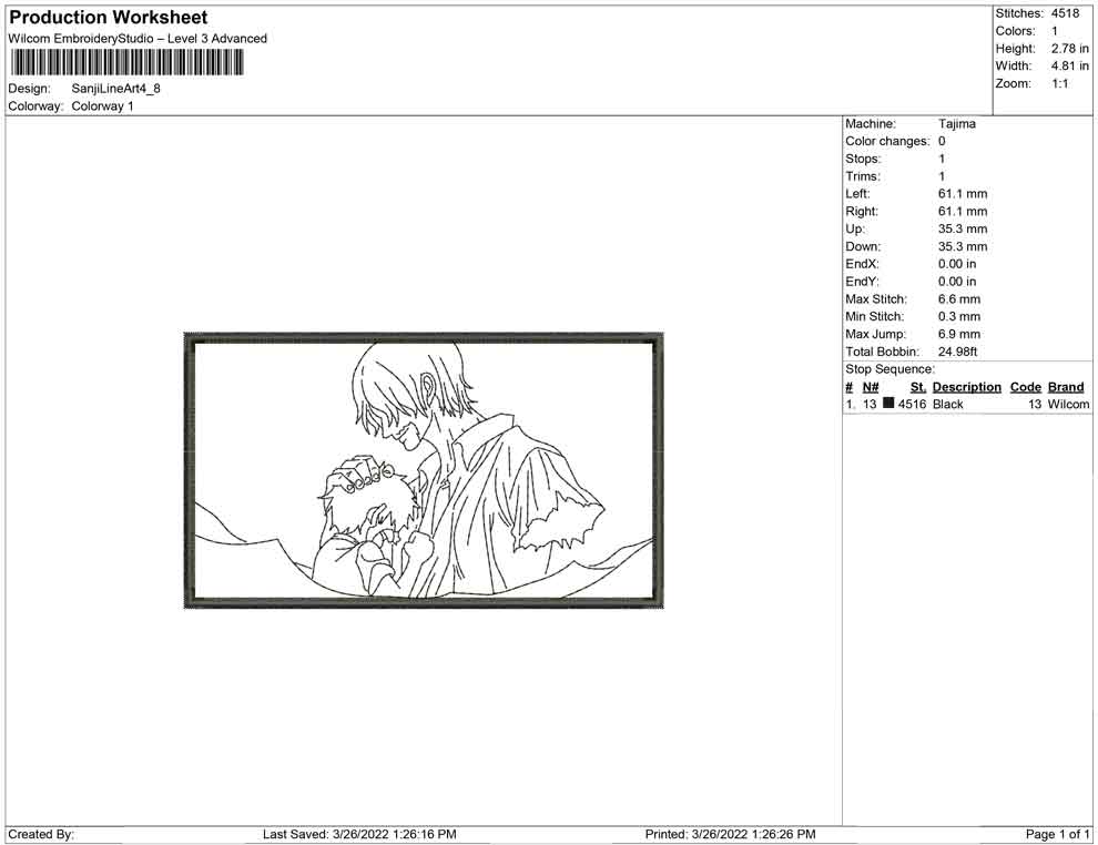 Sanji Line Art Embroidery Design Files - 4 Size's