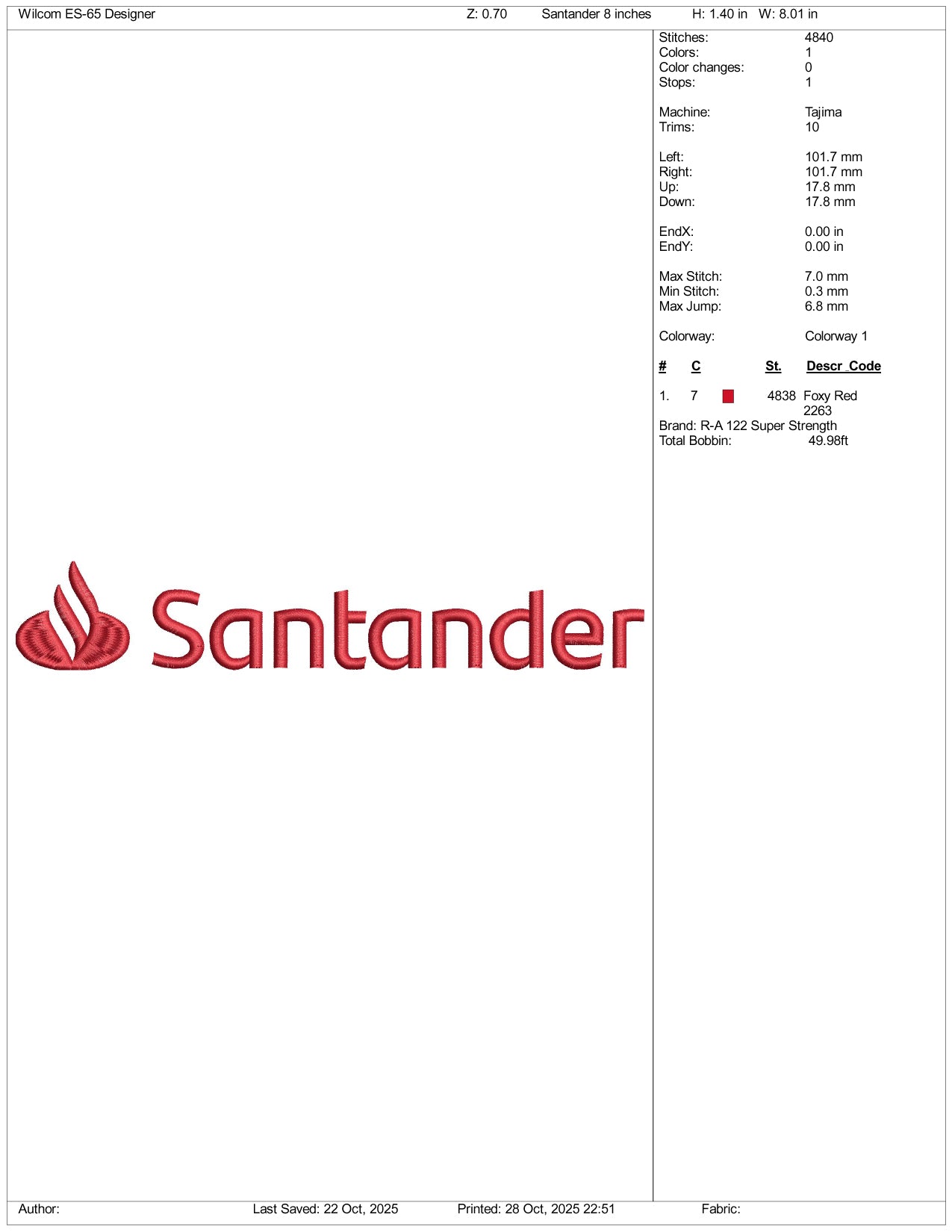 Santander Logo Embroidery Design Files - 4 Size's