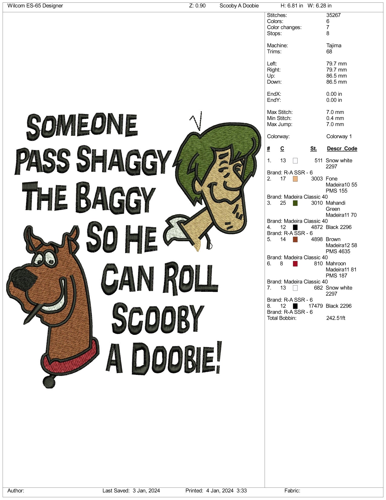 Alguien pasa archivos de diseño de bordado Shaggy The Baggy - 3 tamaños