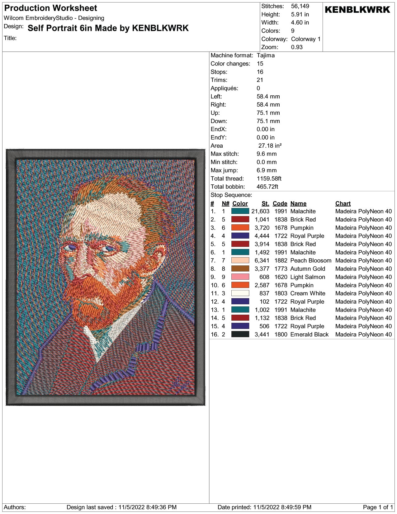 Vincent Van Gogh Embroidery Design Files - 2 Size's