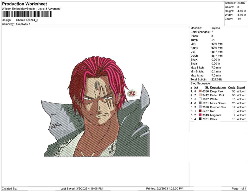 Akagami Shanks v2 Embroidery - 4 Sizes