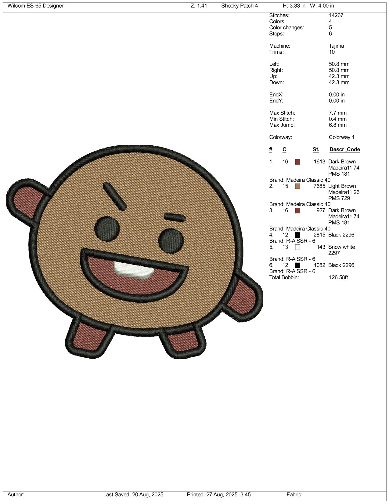 BT21 Shooky Embroidery Design Files - 3 Size's