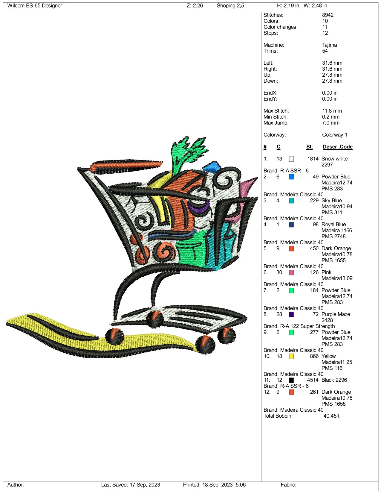 Shopping Cart Embroidery Design Files - 3 Size's