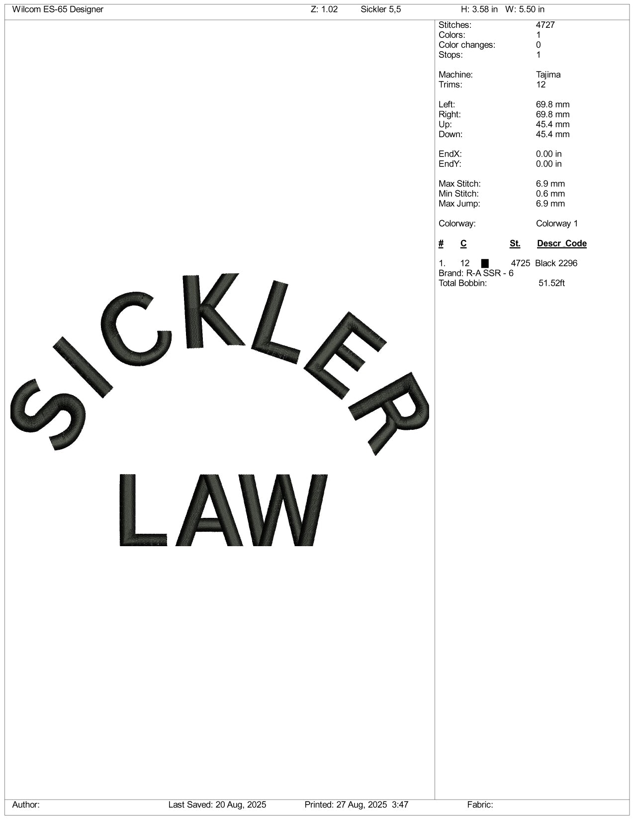 Sickler Law Embroidery Design Files - 3 Size's