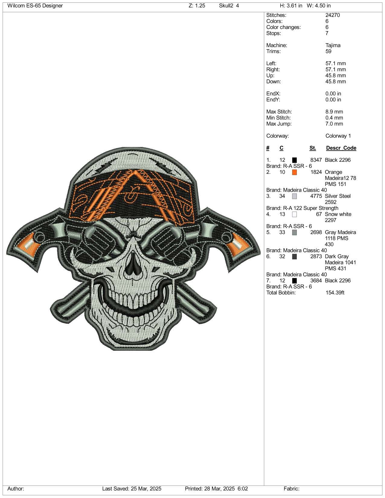 Revolver Gun Skull Embroidery Design Files - 4 Size's