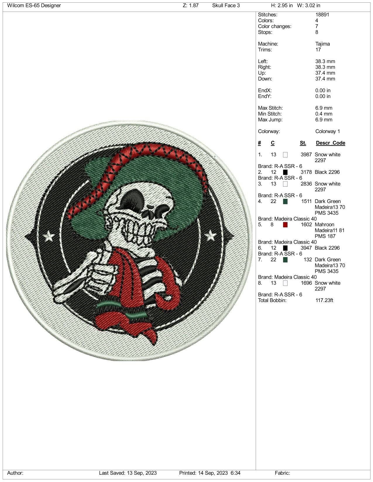 Mexican Skull Embroidery Design Files - 3 Size's