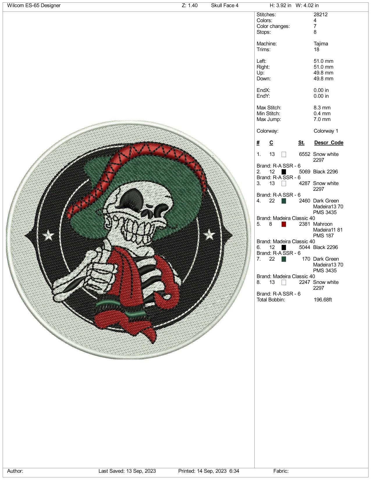 Mexican Skull Embroidery Design Files - 3 Size's