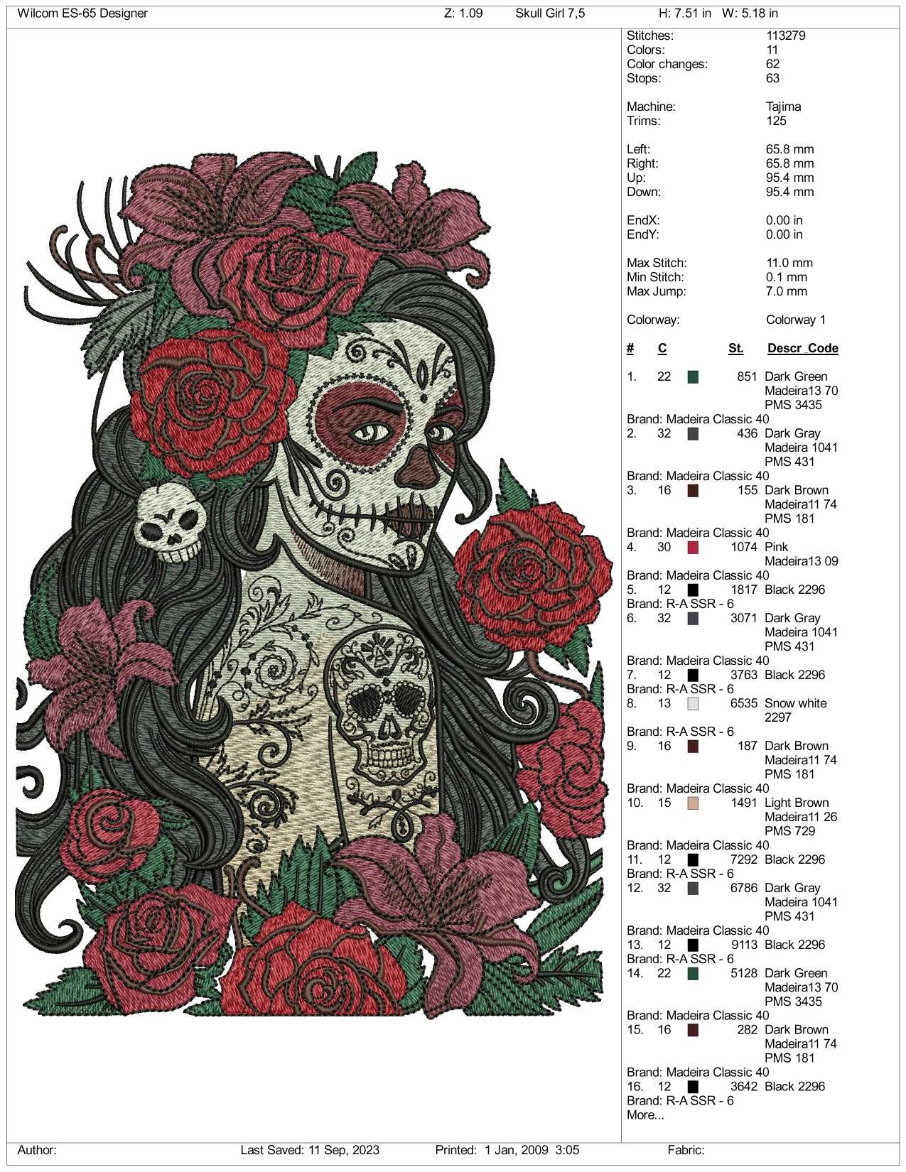 Flowor Skull Girl Embroidery Design Files - 3 Size's