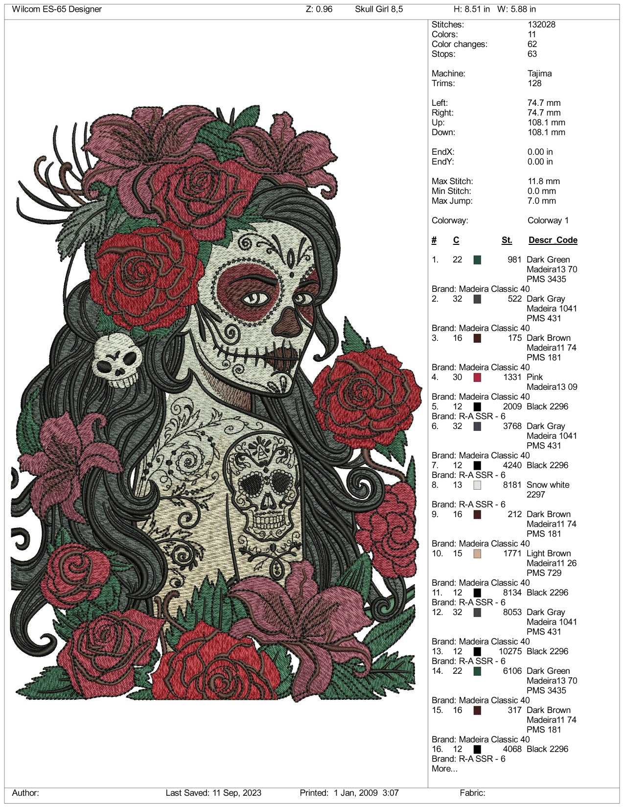 Flowor Skull Girl Embroidery Design Files - 3 Size's
