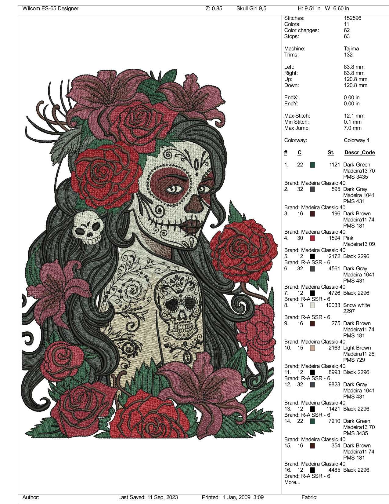 Flowor Skull Girl Embroidery Design Files - 3 Size's