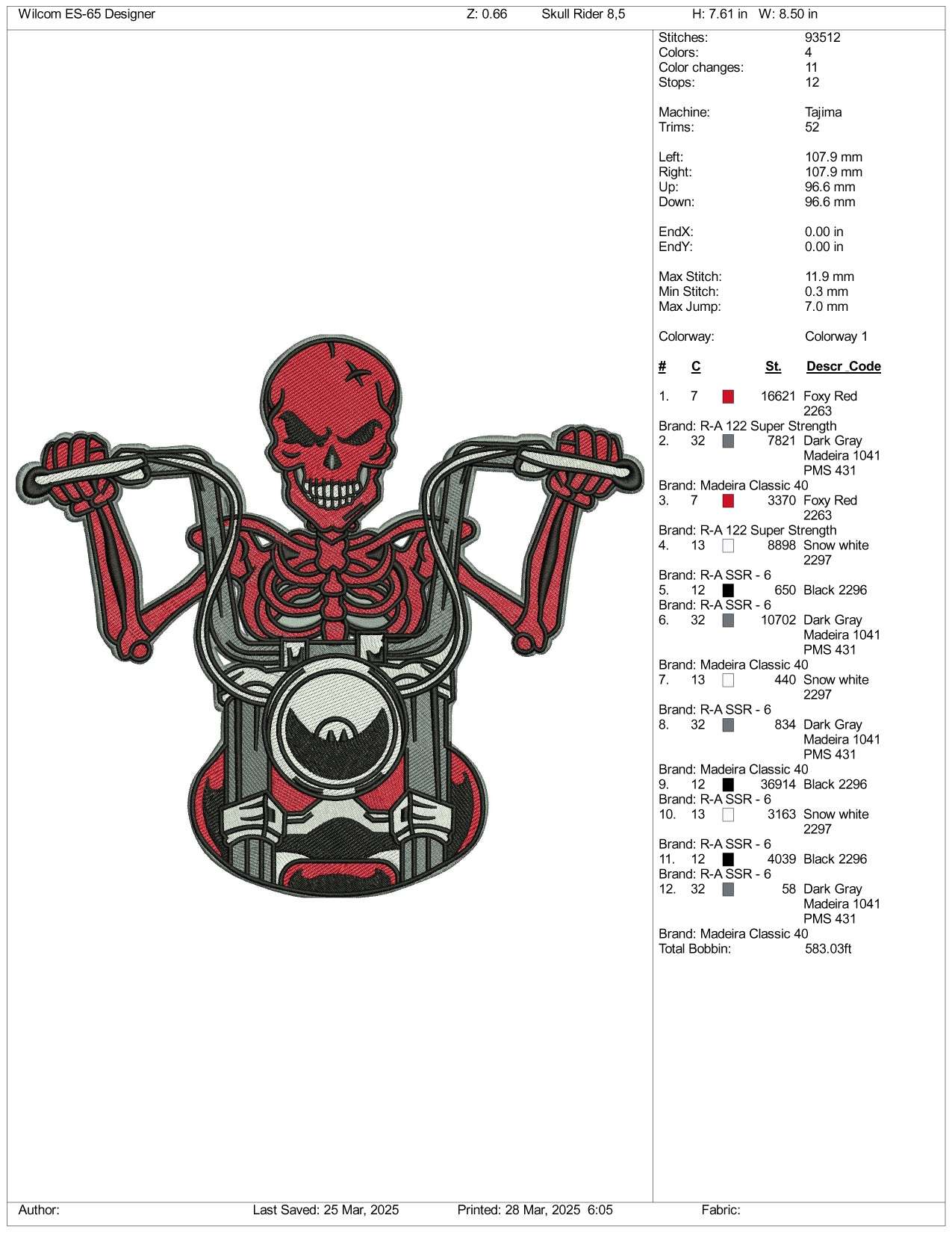 Skull Riding Motorcycle Embroidery Design Files - 4 Size's