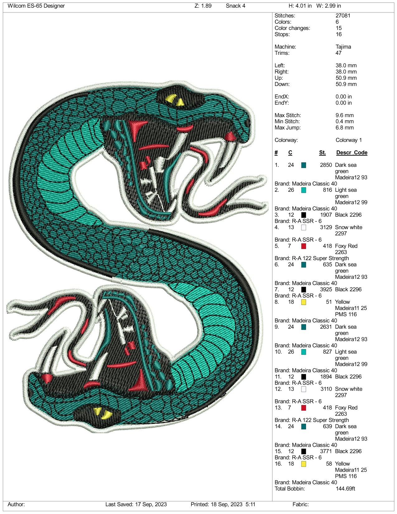 Archivos de diseño de bordado de serpiente South Side Serpent - 3 tamaños