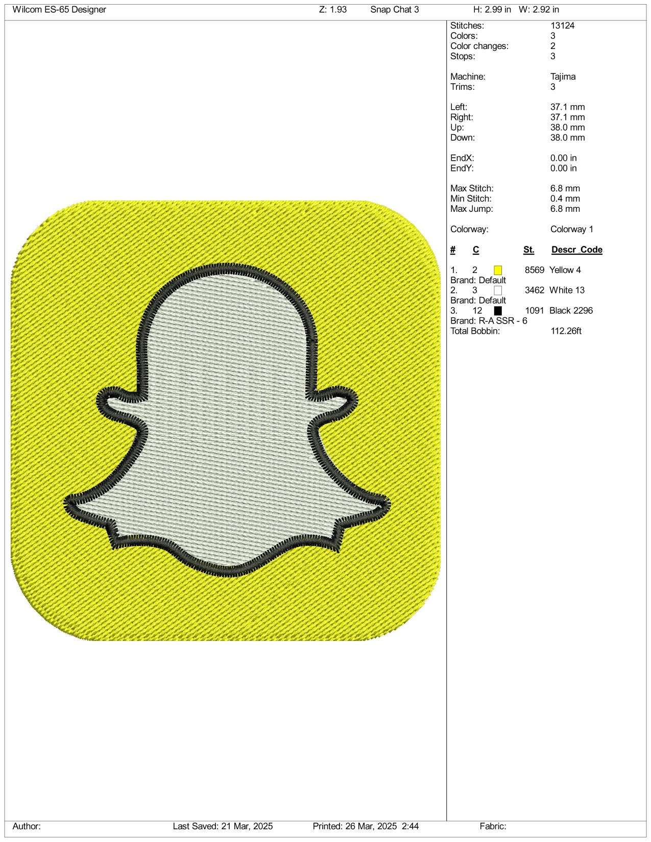 Snapchat Logo Embroidery Design Files - 3 Size's