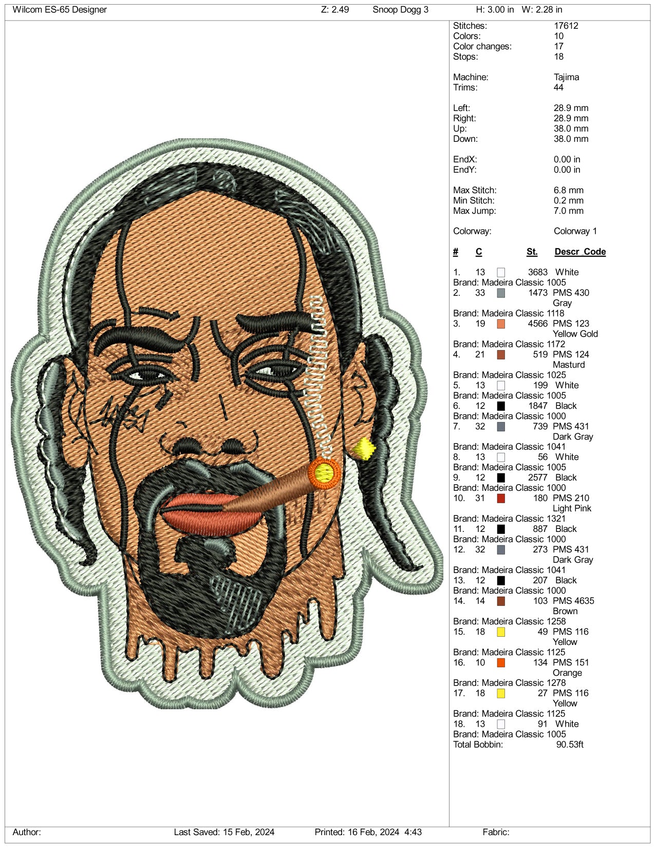 Snoop Dogg Face Embroidery Design Files - 3 Size's