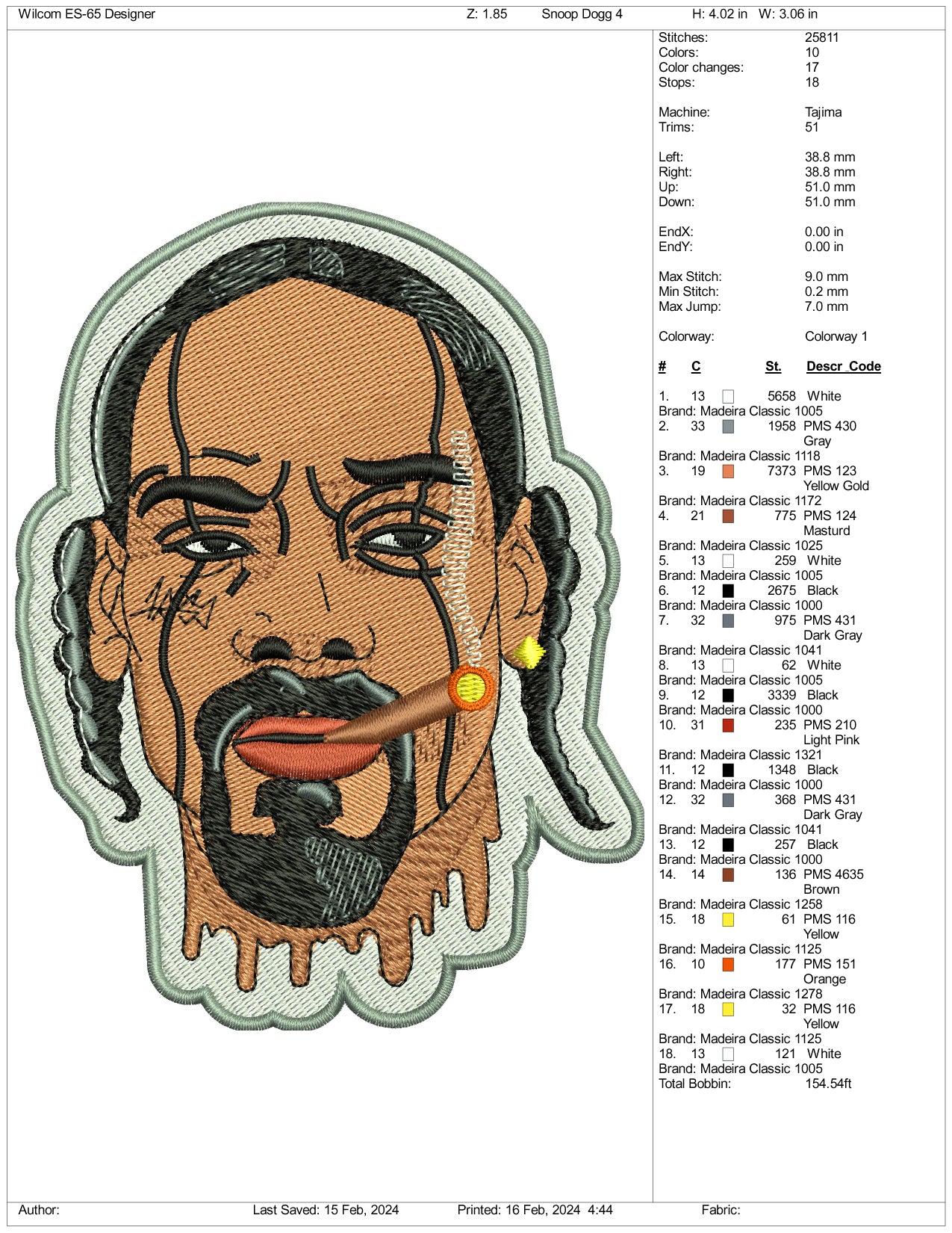 Archivos de diseño de bordado de la cara de Snoop Dogg - 3 tamaños