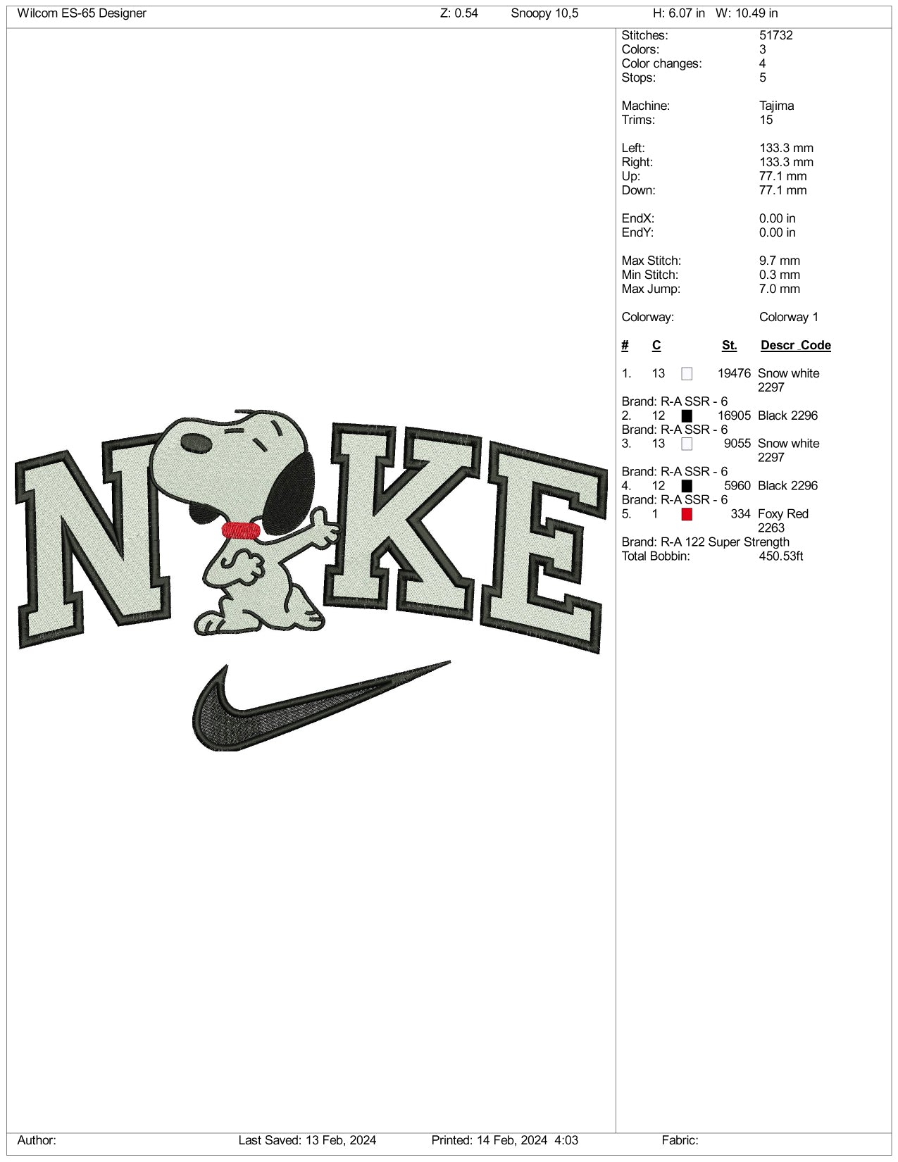 Archivos de diseño de bordado de Snoopy de Nike (3 tamaños)