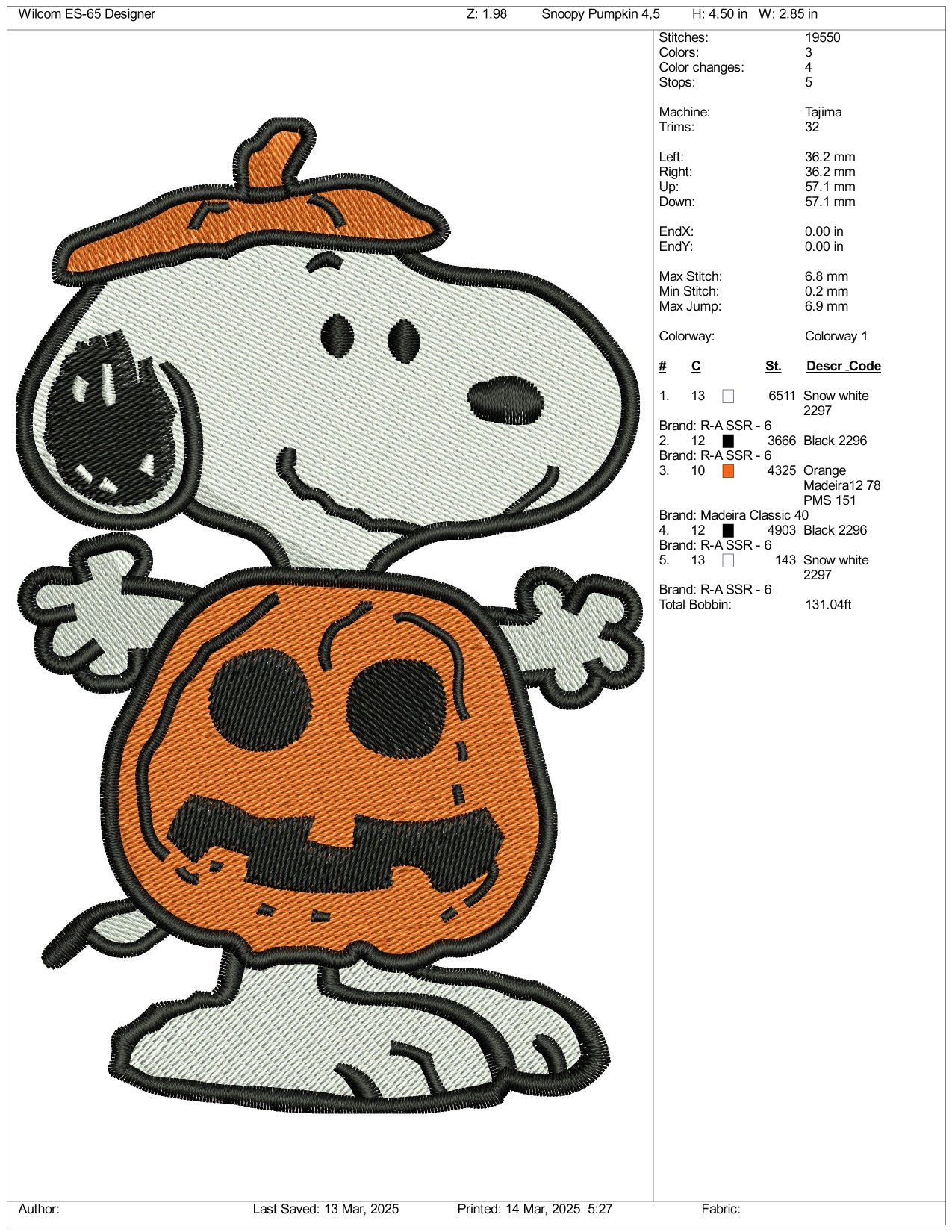 Archivos de bordado de calabaza de Snoopy - 3 tamaños
