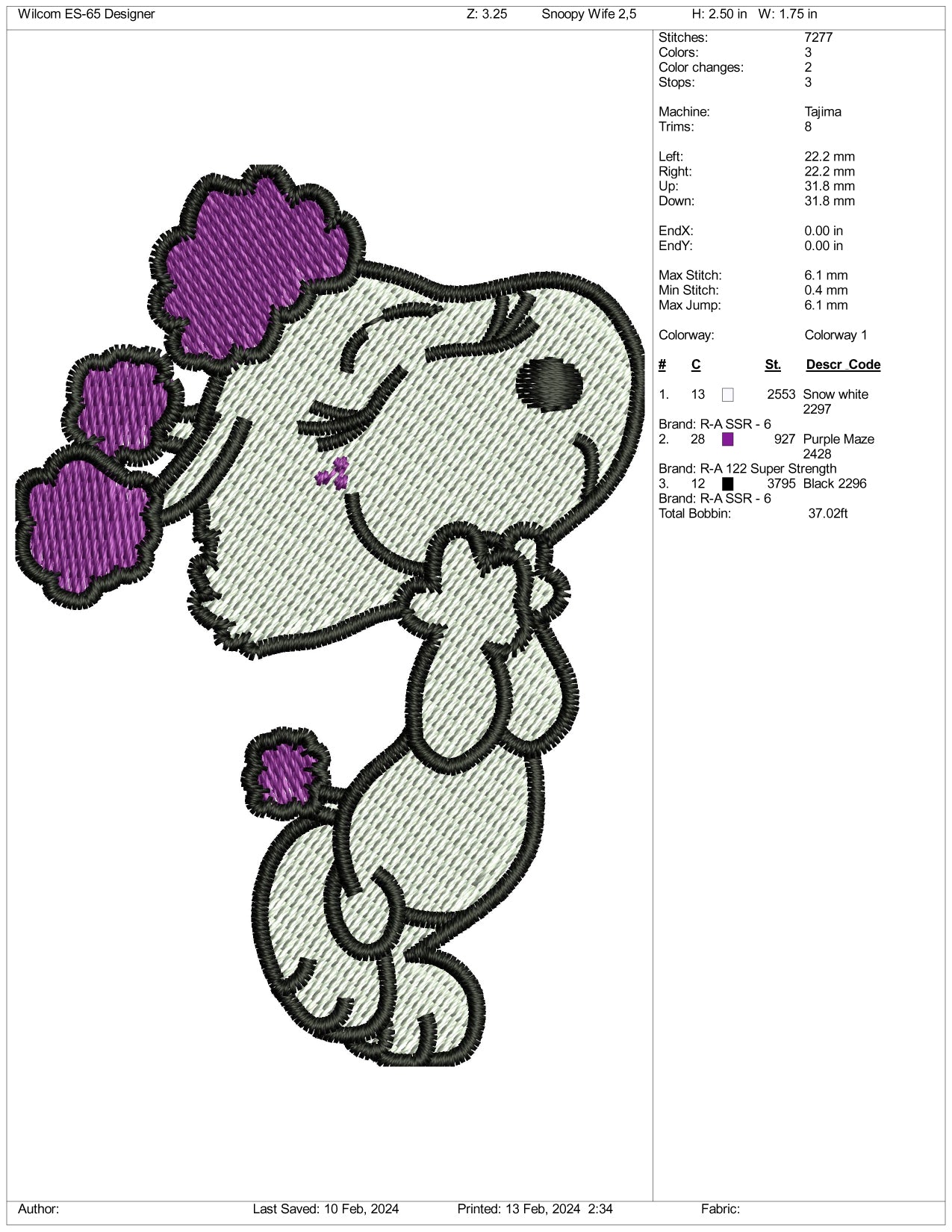 Archivos de diseño de bordado de la esposa de Snoopy - 3 tamaños