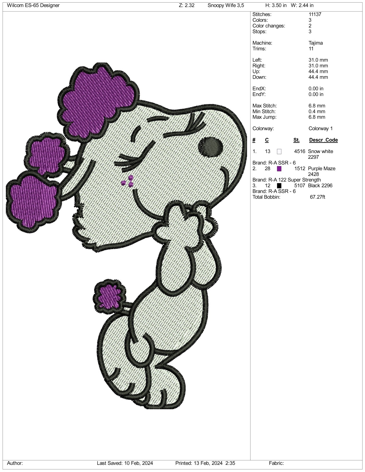 Archivos de diseño de bordado de la esposa de Snoopy - 3 tamaños