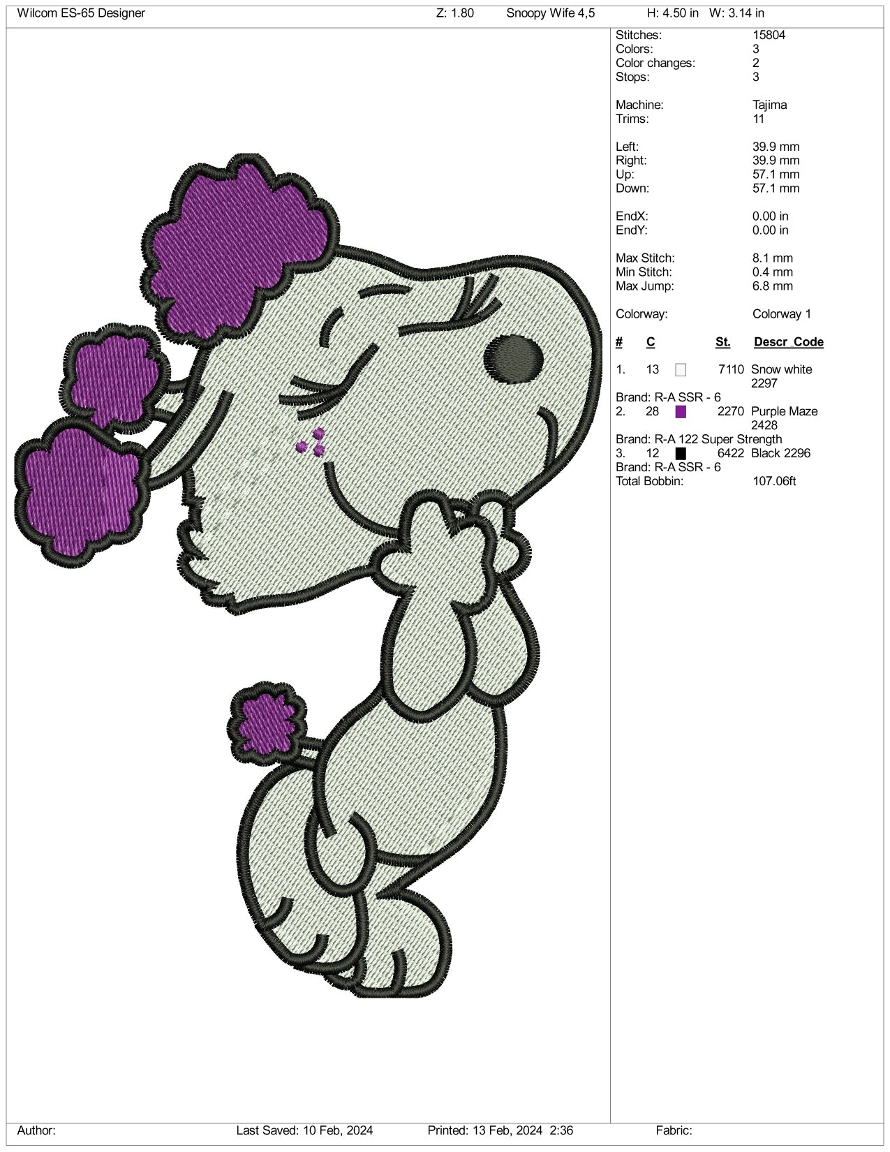 Archivos de diseño de bordado de la esposa de Snoopy - 3 tamaños