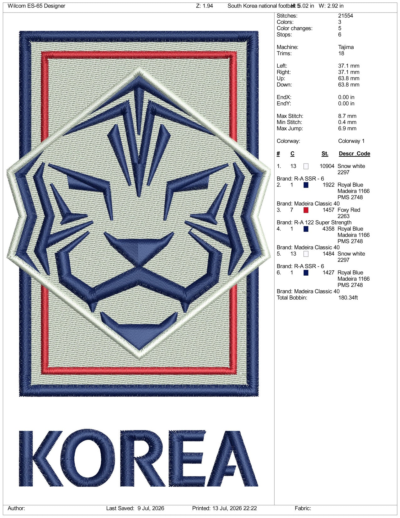 South Korea National Football Logo Embroidery Design Files - 3 Size's