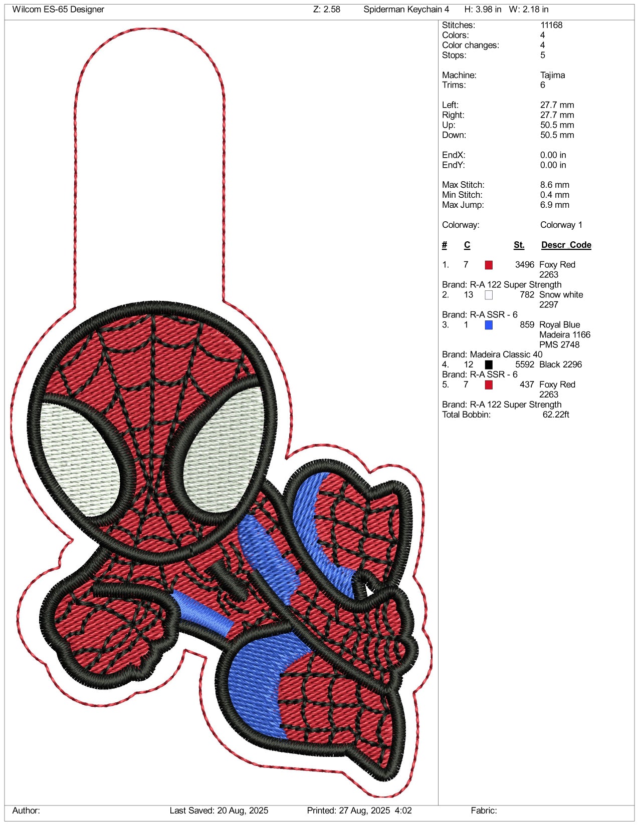Spider Man Keychain Embroidery Design Files - 3 Size's