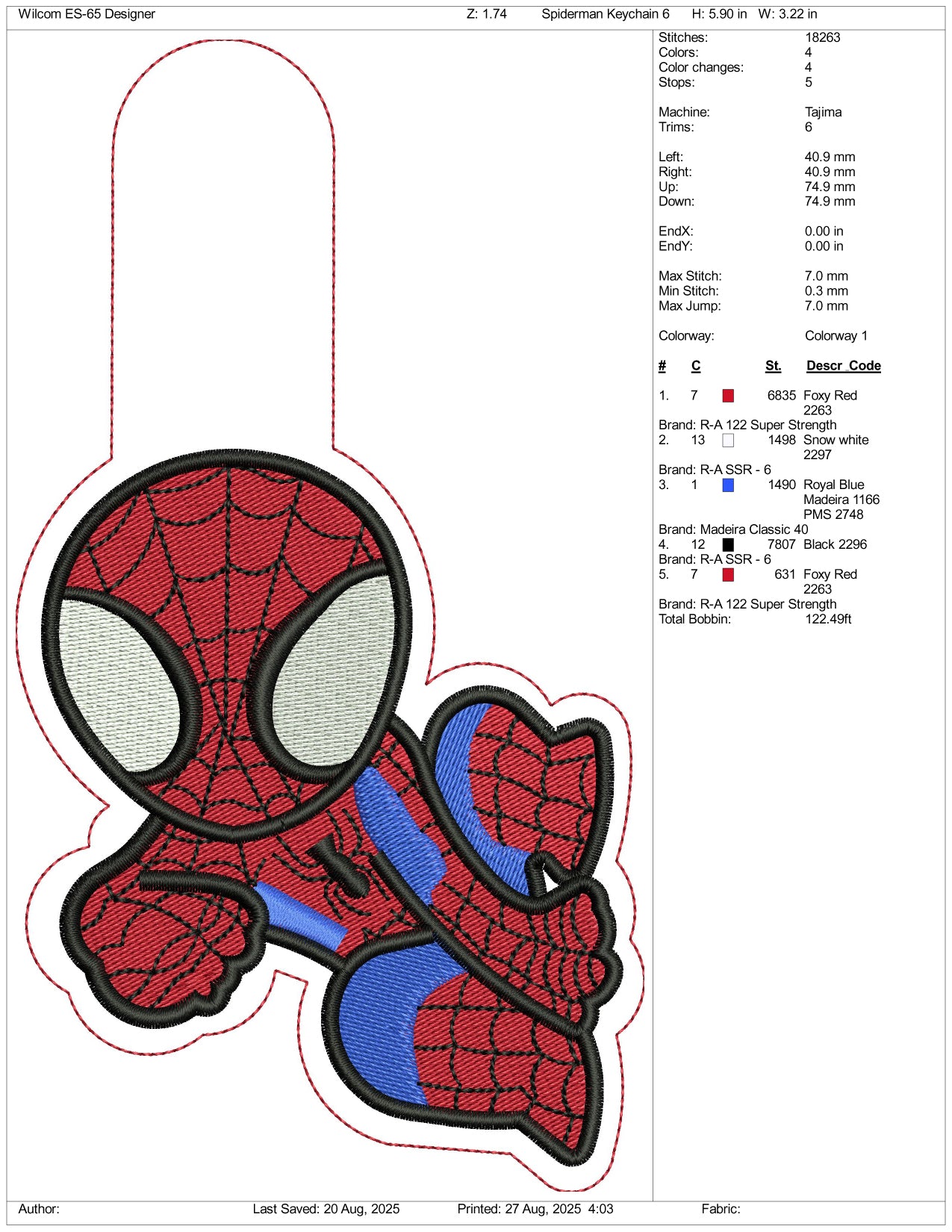 Spider Man Keychain Embroidery Design Files - 3 Size's