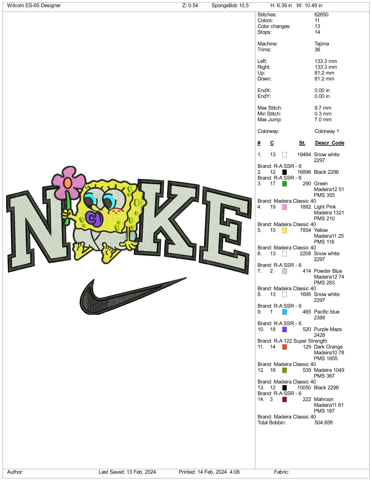 Archivos de diseño de bordado Nike Chibi Bob Esponja - 3 tamaños