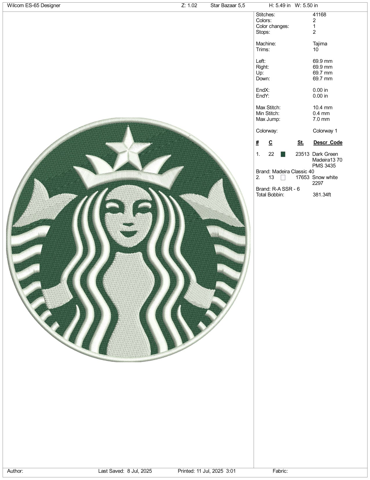 Starbucks Logo Embroidery Design Files - 3 Size's