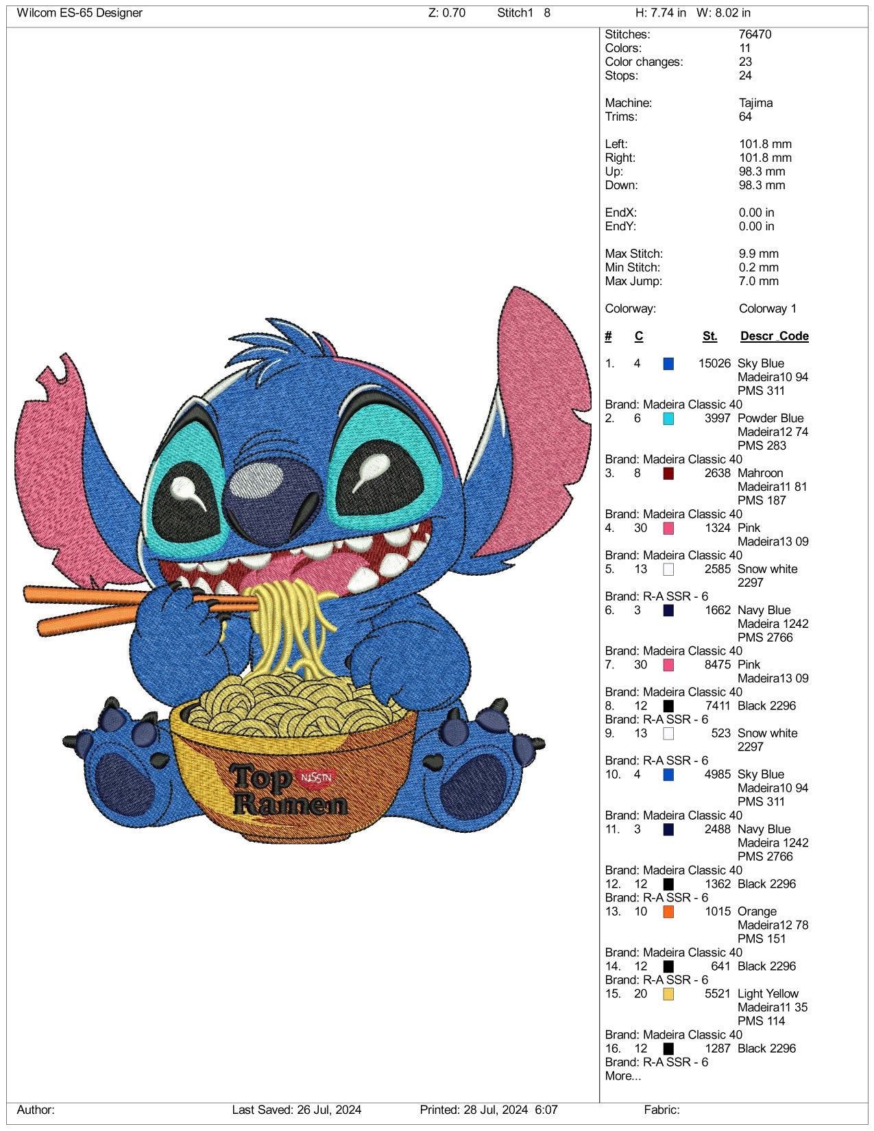 Stitch Eating Noodles Embroidery Files - 3 Size's
