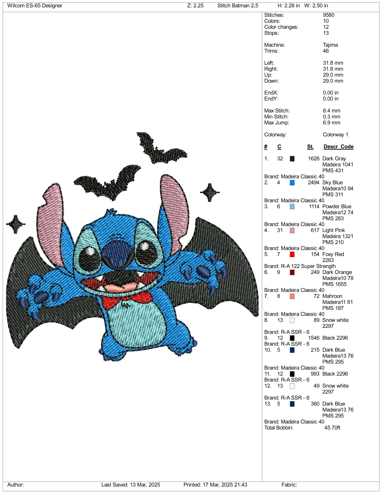 Stitch Cosplay Vampire Embroidery Files - 3 Size's