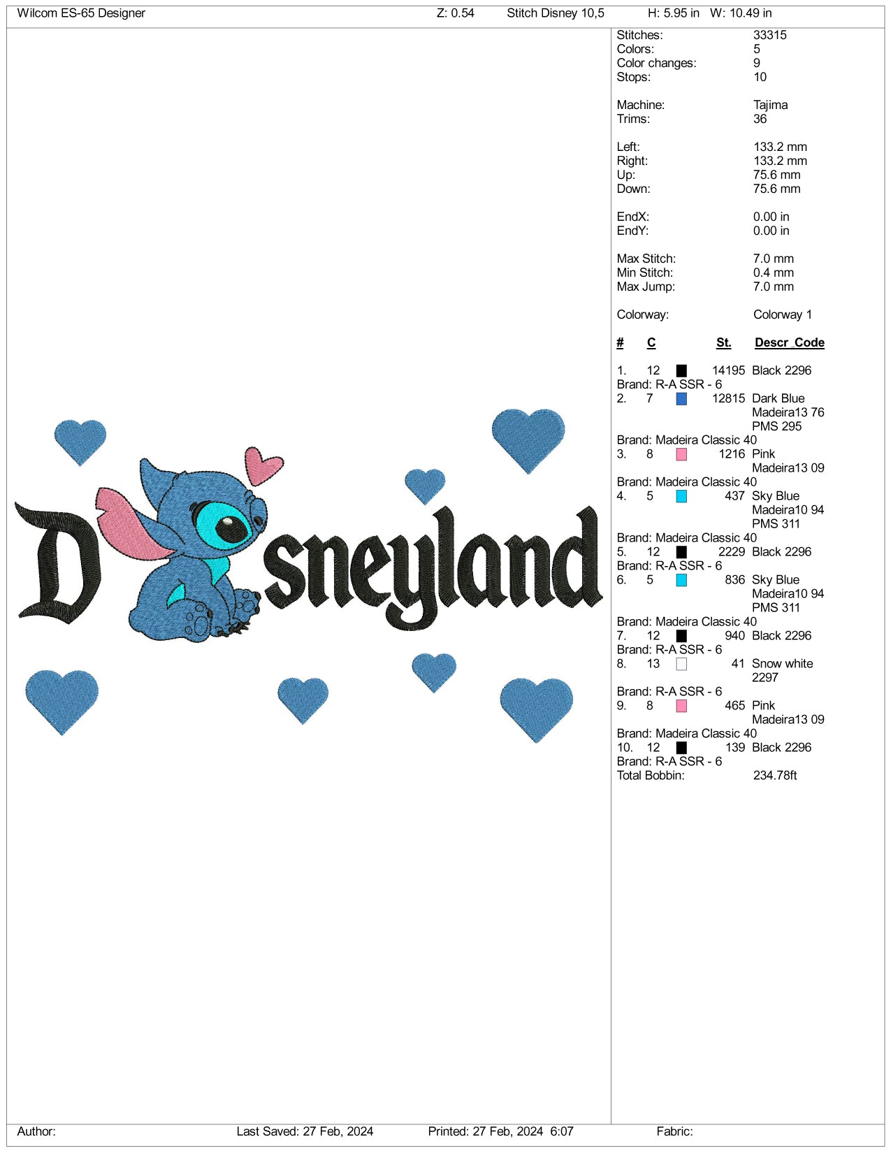Archivos de diseño de bordado de Stitch Disneyland - 3 tamaños