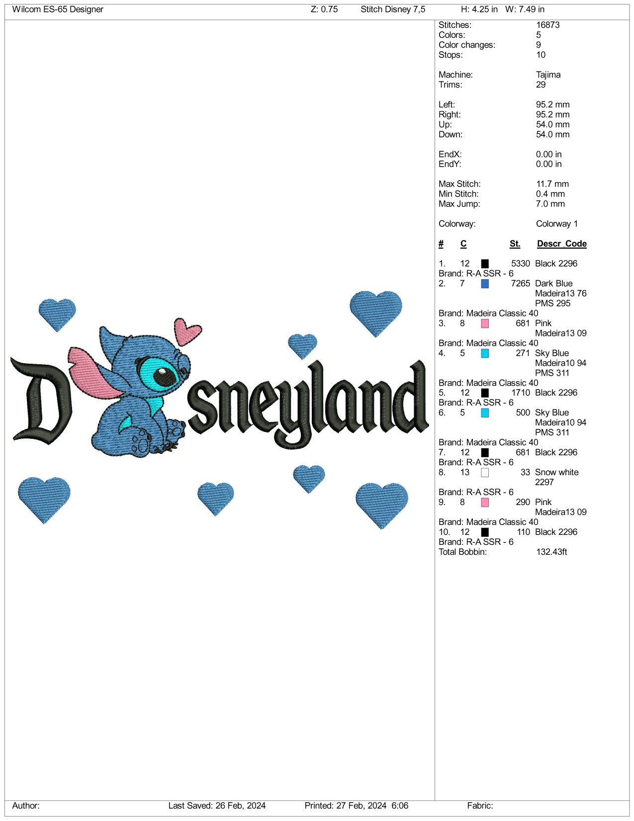 Archivos de diseño de bordado de Stitch Disneyland - 3 tamaños