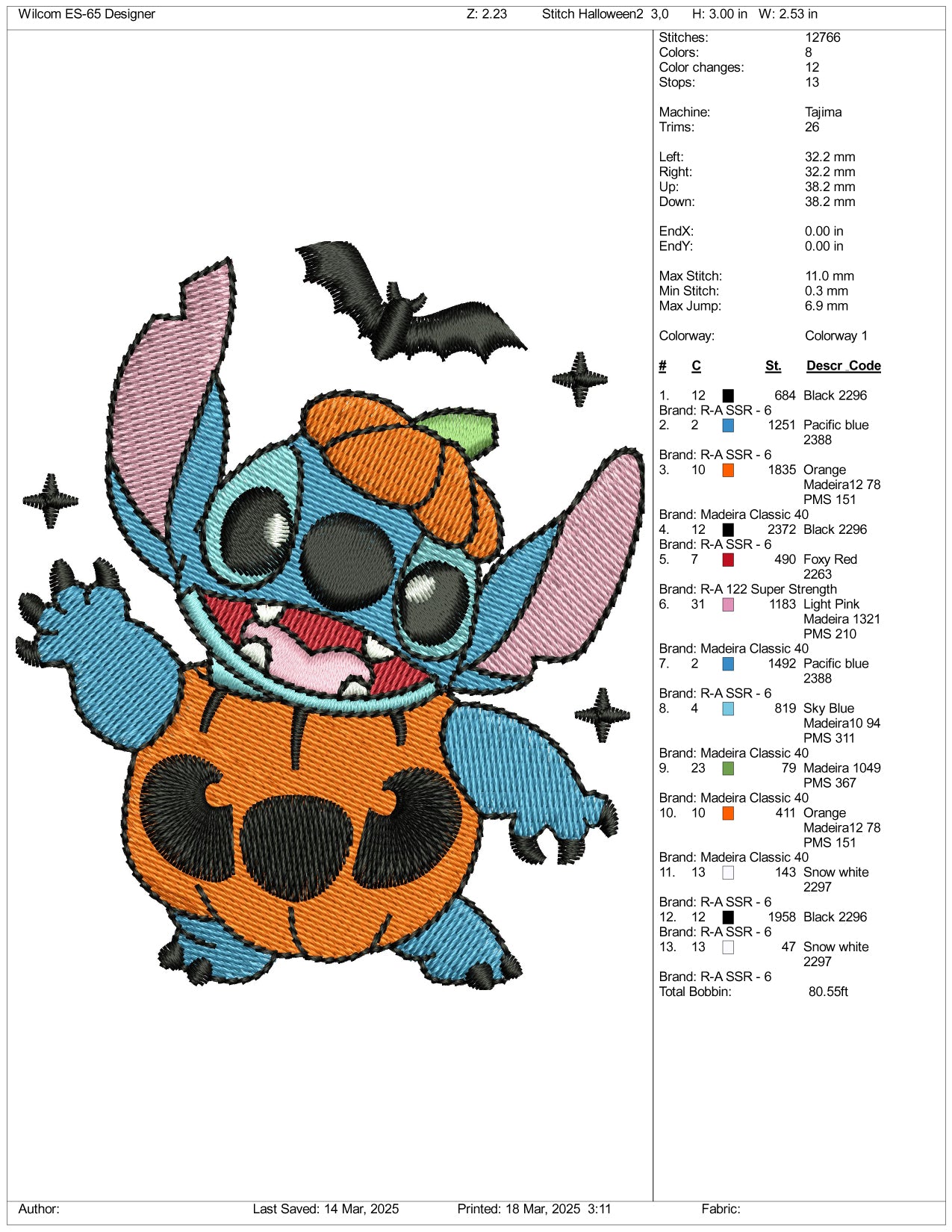 Stitch Cosplay Pumpkin Embroidery Files - 3 Size's