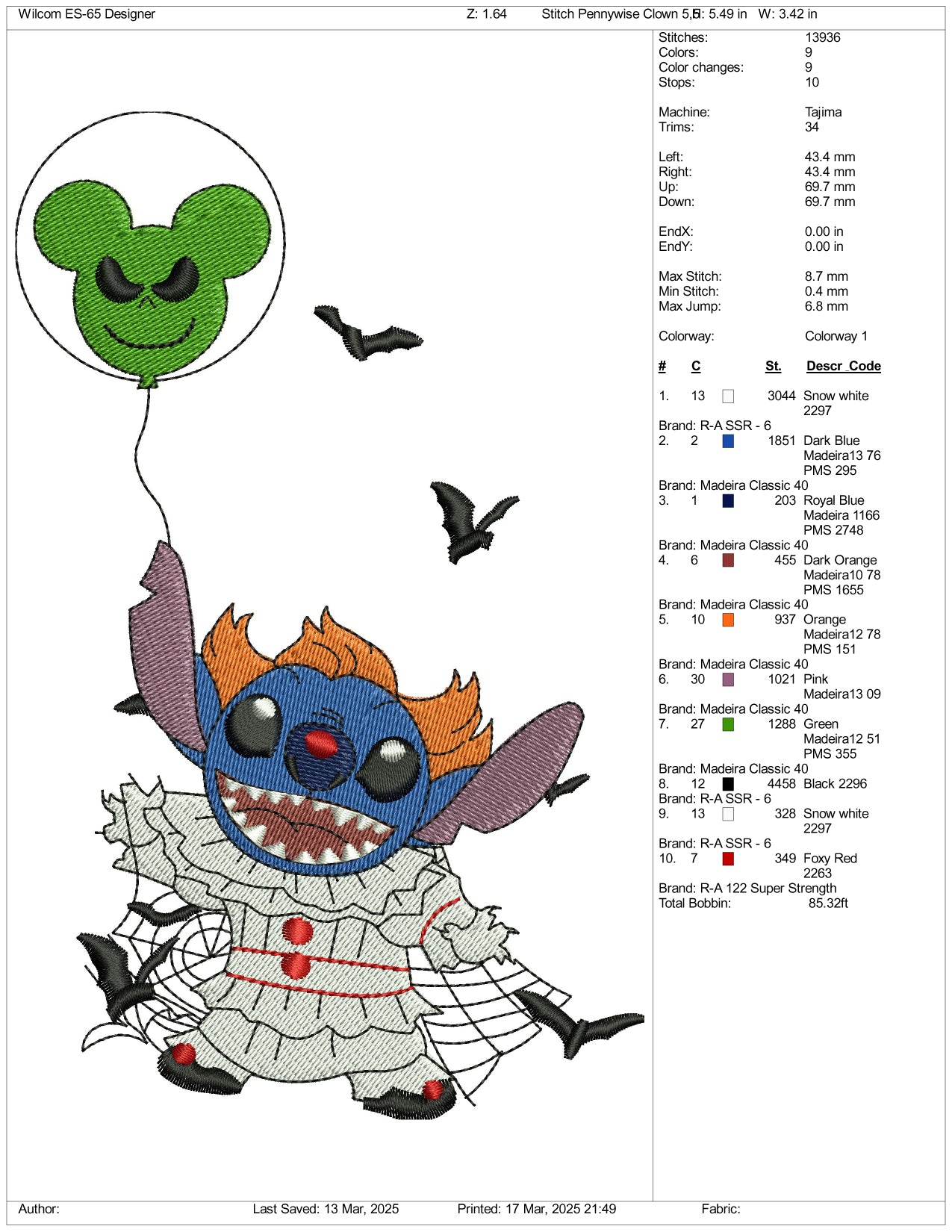 Stitch Cosplay Pennywise Clown Embroidery Files - 3 Size's