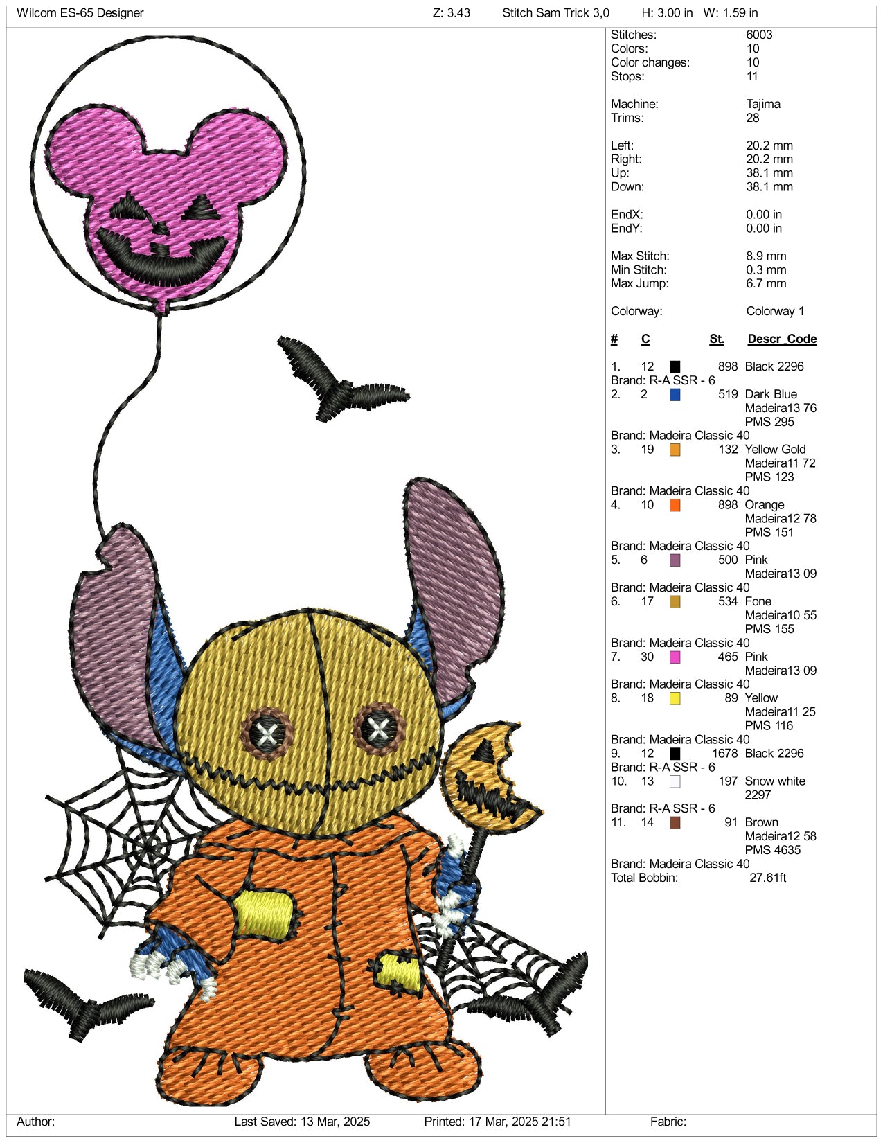 Stitch Cosplay Sam Trick Embroidery Files - 3 Size's