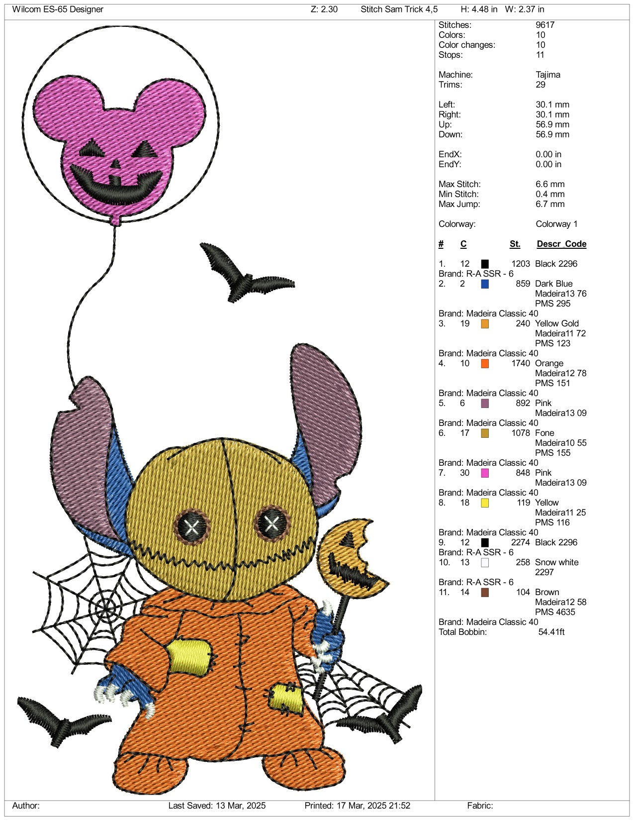 Stitch Cosplay Sam Trick Embroidery Files - 3 Size's