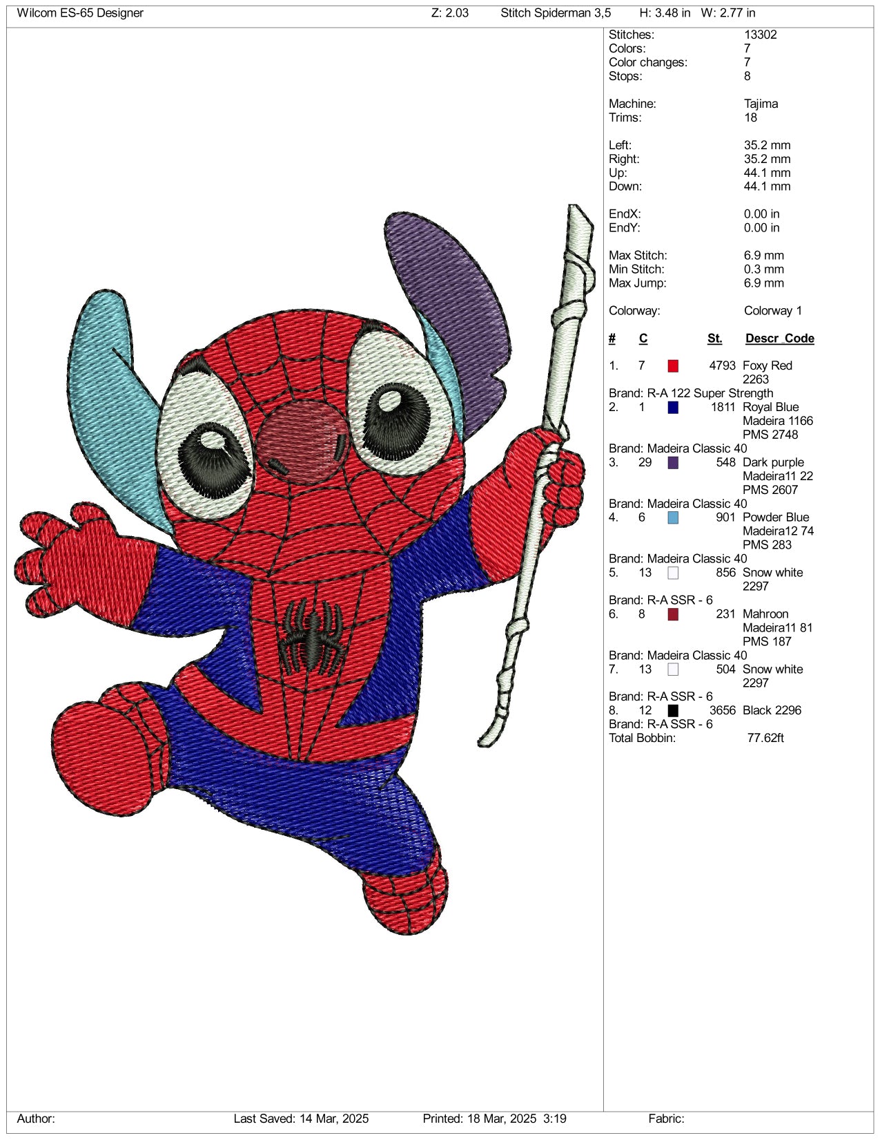 Stitch Cosplay Spider Man Embroidery Files - 3 Size's
