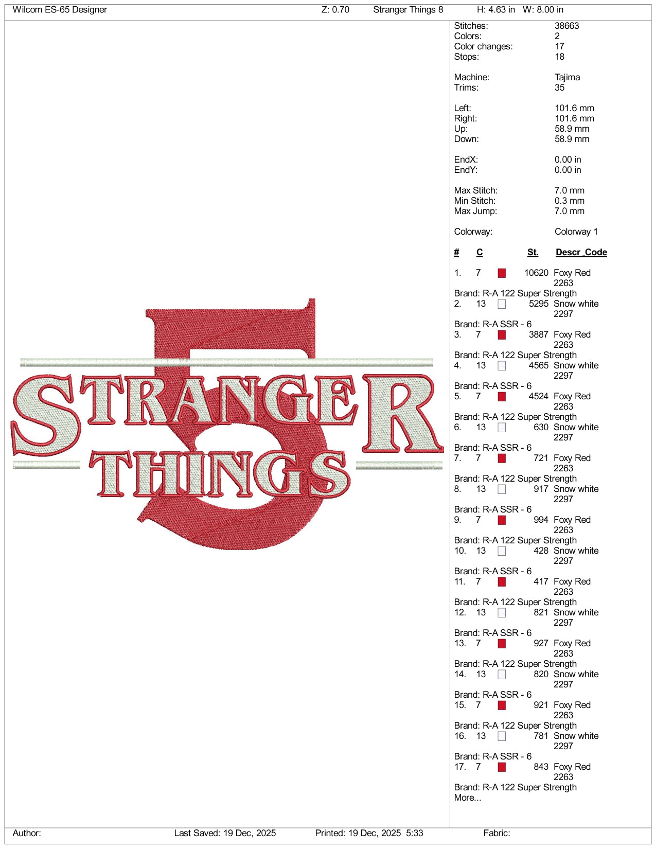 Stranger Things 5 Embroidery Design Files - 3 Size's