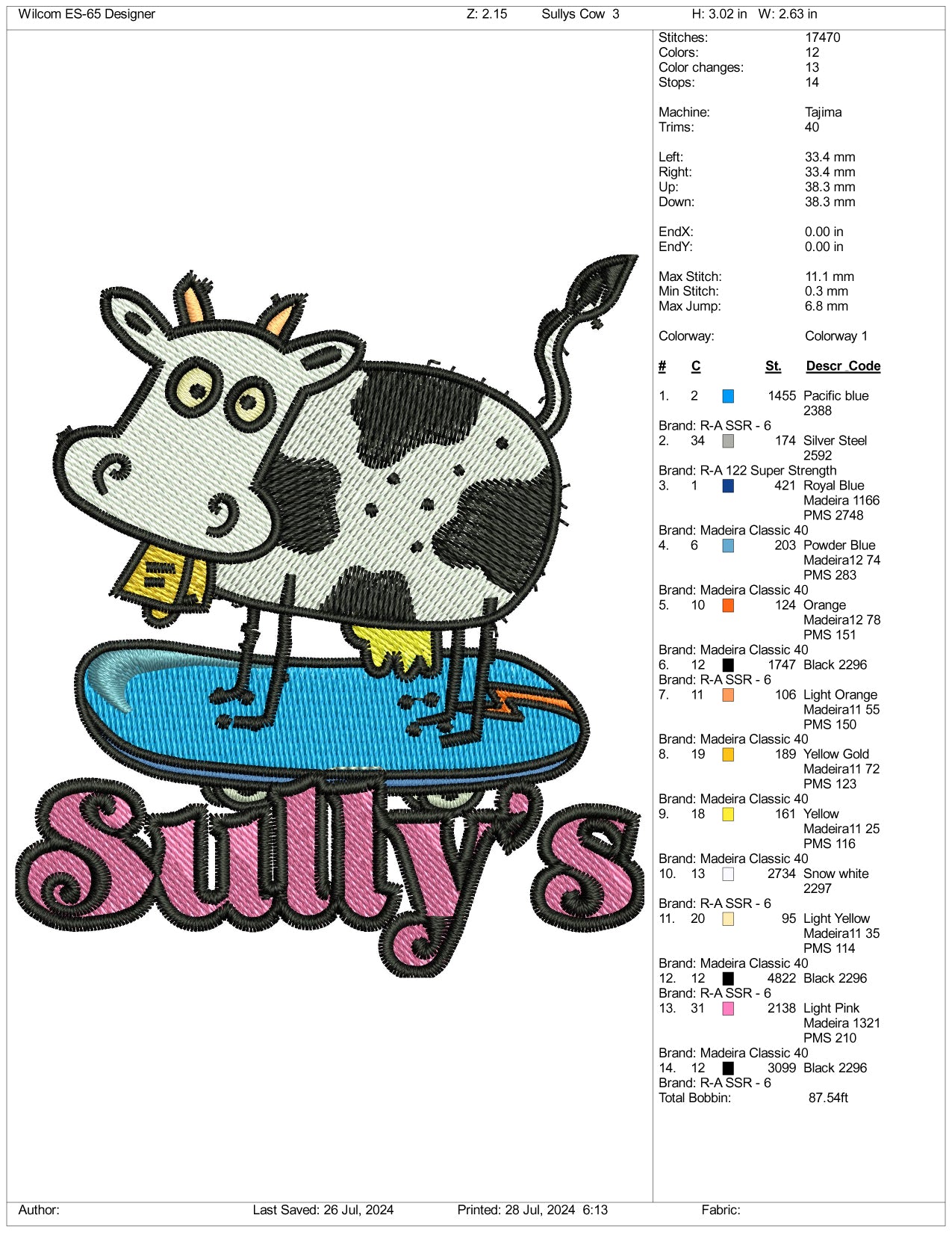 Archivos de bordado de vacas de Sullys - 3 tamaños