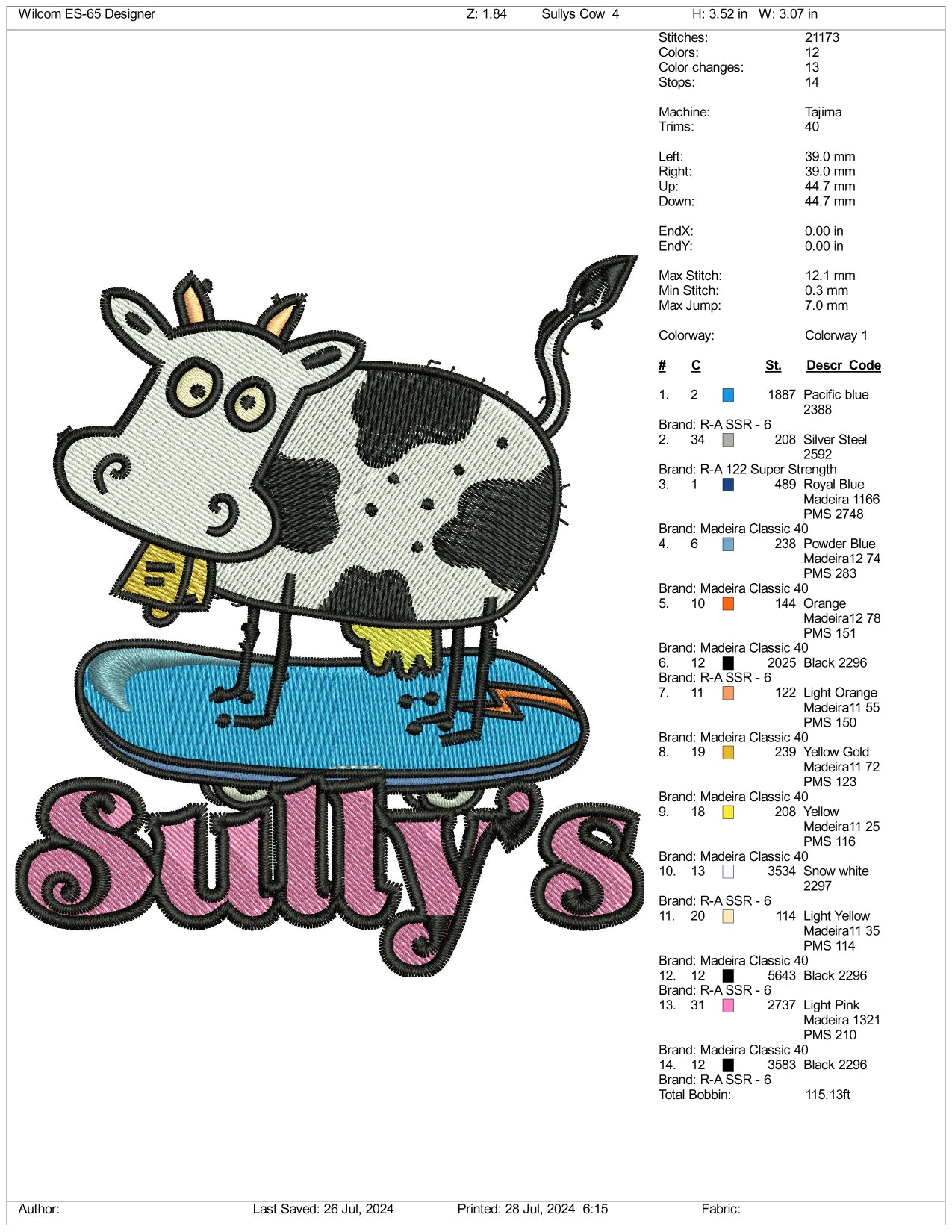 Archivos de bordado de vacas de Sullys - 3 tamaños